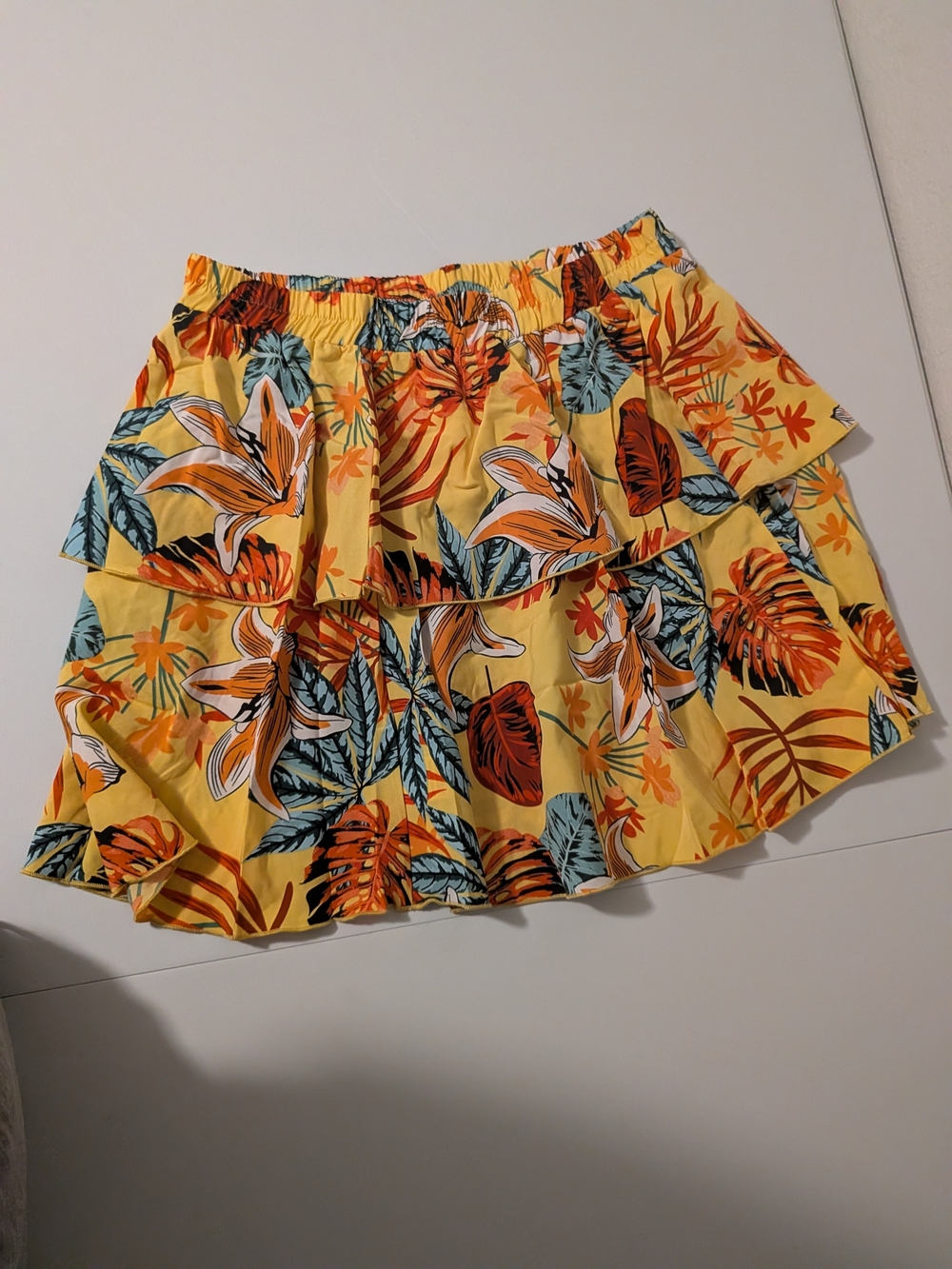 Yellow Tropical Tiered Skirt with Elastic Waist